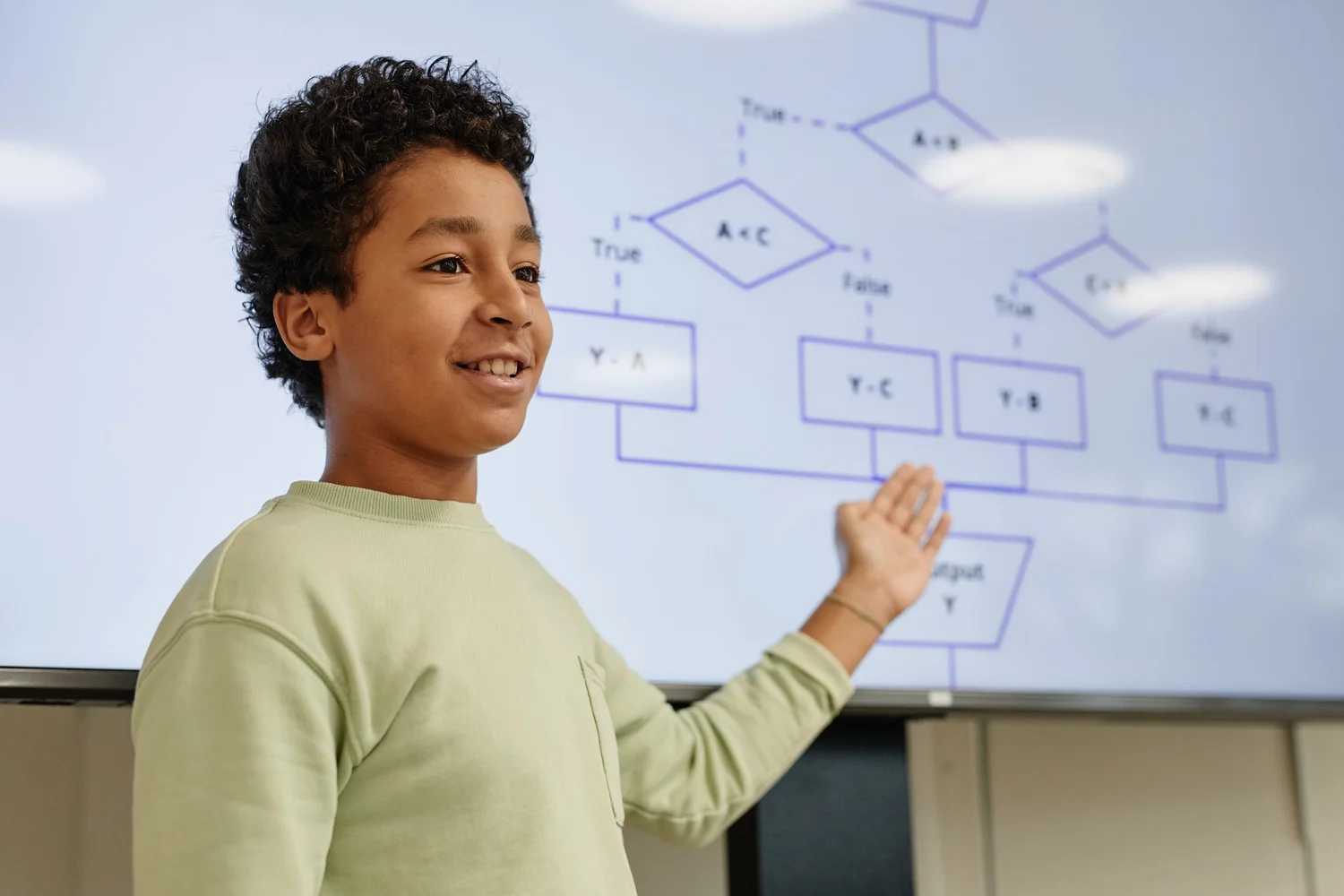 Student presenting a lesson on an interactive classroom display
